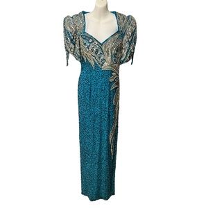 NWT Vintage Alyce Designs Blue Silver Beaded Sequin Full Length Dress